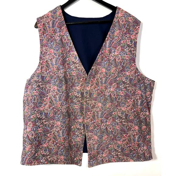 Vintage Pink Rose Vest Floral Print Navy Blue Open Plus Size Handmade Cottage - Picture 1 of 10